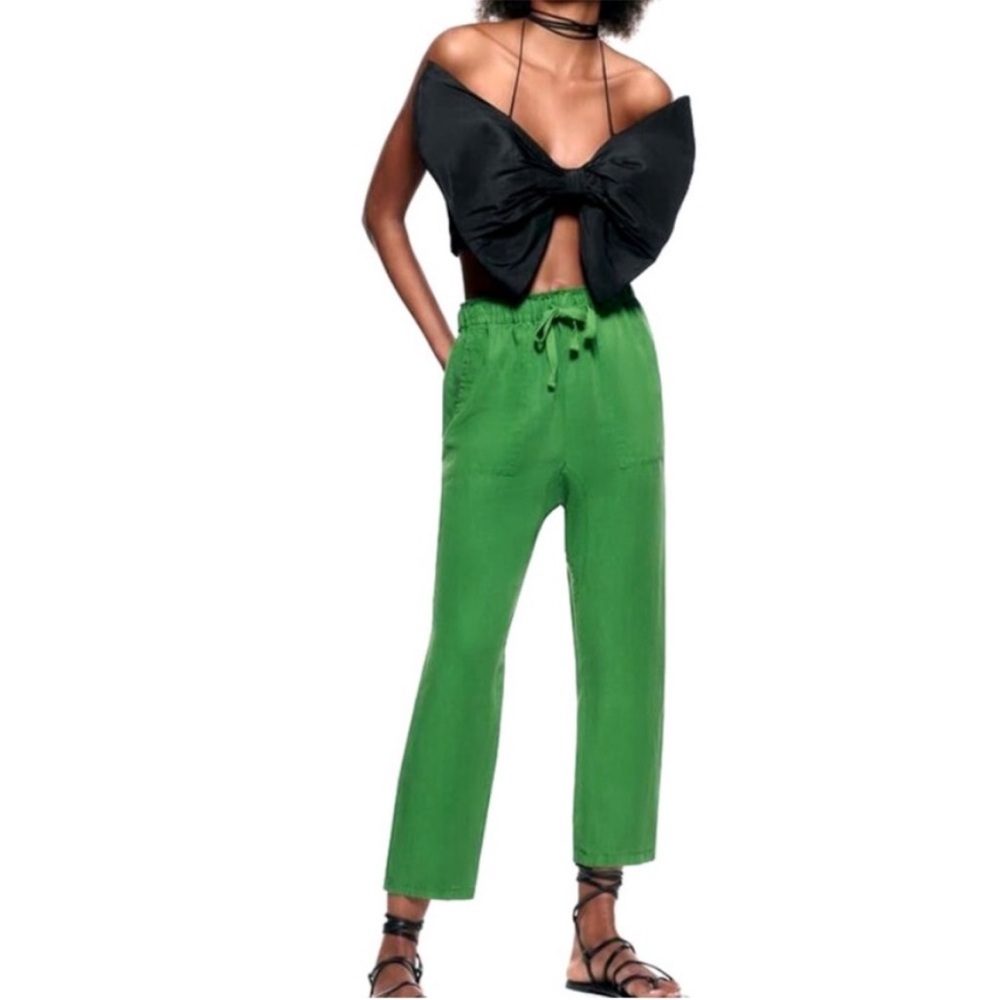 Zara Slouchy Green Pull On Linen Blend Trouser Pants Size Medium